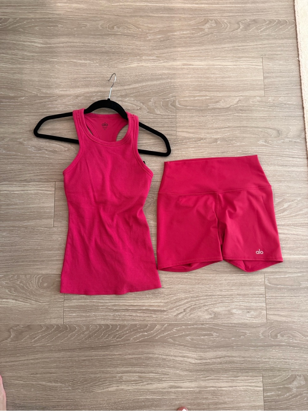 ALO Yoga Pink Racerback Tank with Matching High-Waist Bike Shorts. Size XS and S